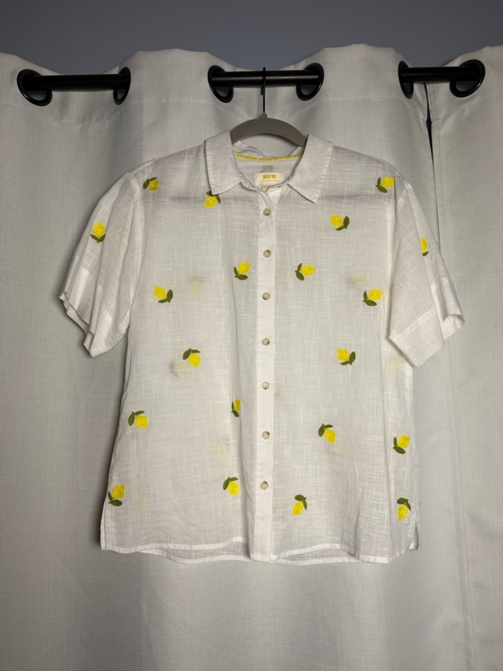 Anthropologie Maeve White Lemon Embroidered Short Sleeve Button Up Shirt Size M - Picture 6 of 9